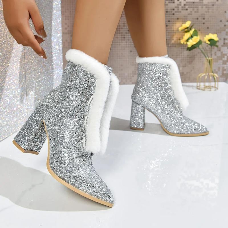 2025 Hot Sale Elegant Women's Sexy Sequinned Ankle Boots Women Shoes Lace Up High Heels Pointy Toe Modern Lady Booties Female