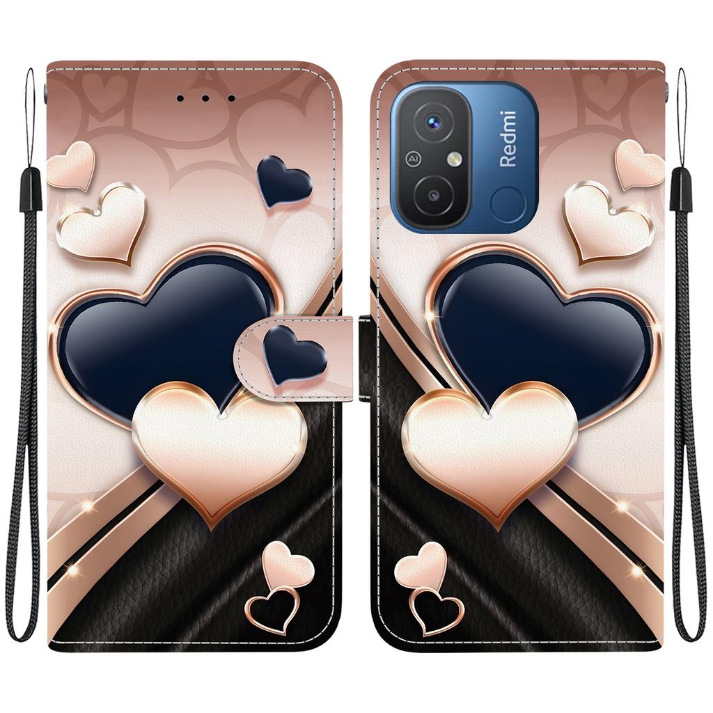 Handmade PU Leather Flip Case for Redmi 12C/Redmi 11A Anti-Slip Shockproof Cover with Wrist Strap & Heart/Rose Cat Designs