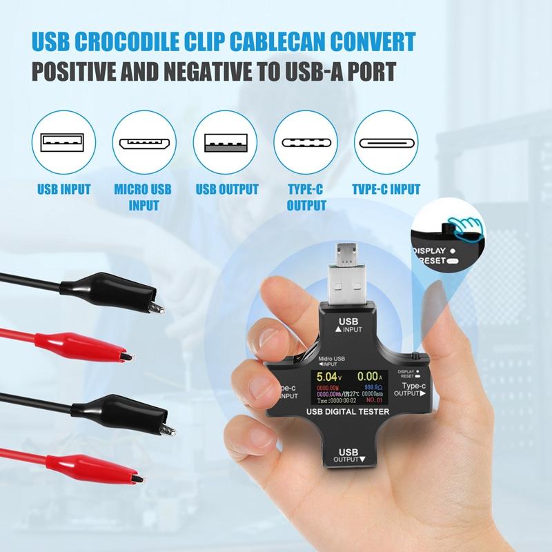 USB C Tester,2 In 1 Type C USB Tester Color Screen IPS Digital Multimeter,Voltage,Current,Power,Resistance,Temperature,with Clip
