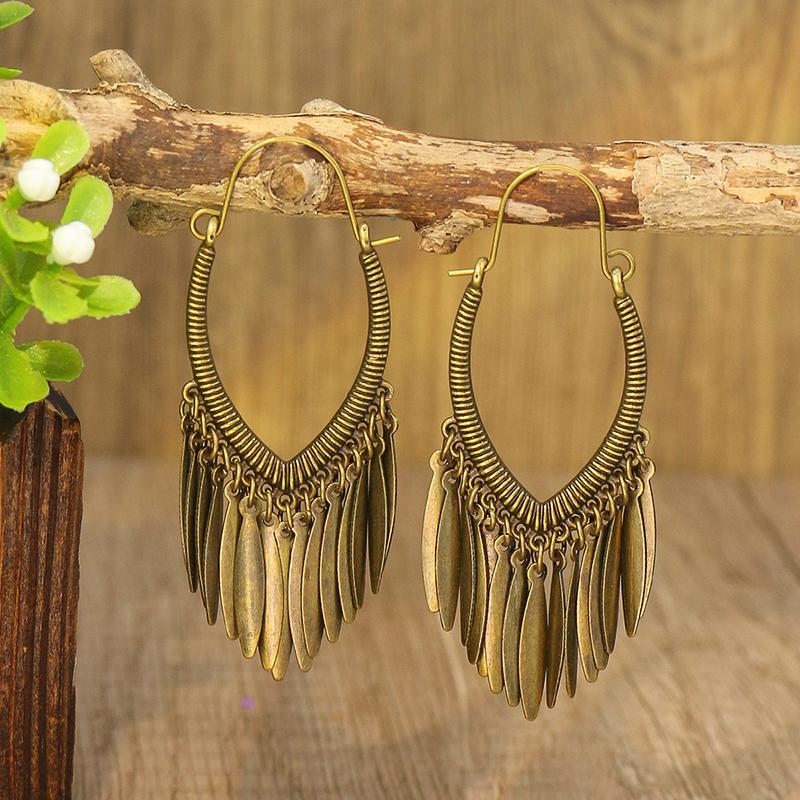 

Vintage Bohemian Long Earrings For Women Big Statement Carved Geometric Tassel Boho Tibetan Copper Bronze Color Zircon Earrings