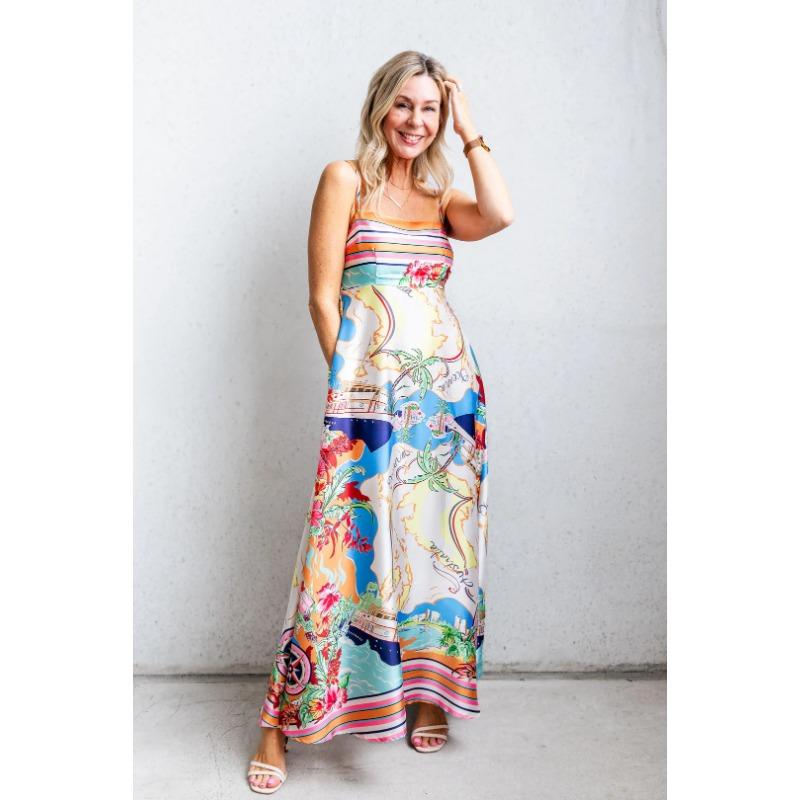 

Летнее женское платье-халтер с высокой талией и принтом в праздничном стиле XL