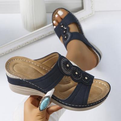 Damen Hausschuhe 2024 Neue Sommer Keilabsatz Hausschuhe Damen Übergröße Retro Blume Römische Sandalen Leicht Rutschfest Strand Pantoletten Damen