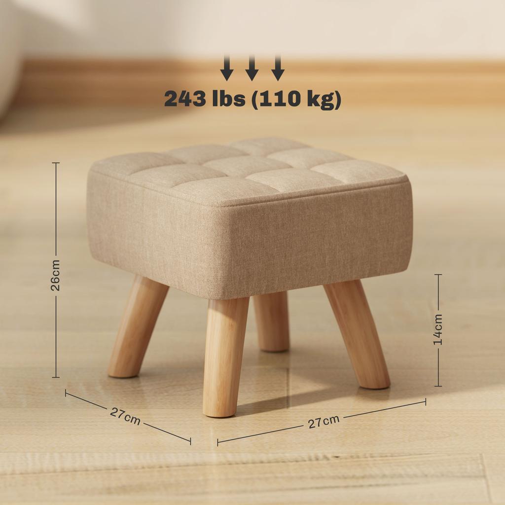 Fußhocker Wohnzimmer Hocker Polsterstoff Sitz mit Holzbeinen 27 x 27 x 26 cm Hellbraun