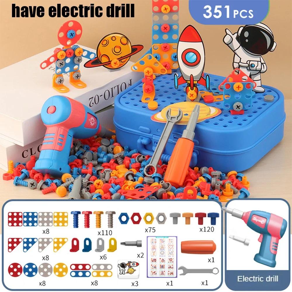 Ungiftige 3D-Puzzle-Spielzeuge Rollenspiel Werkzeugkasten Bohren Montage Lernspielzeug Kinderspielzeug Werkzeugkasten Elektrischer Bohrer Schraube Mutter