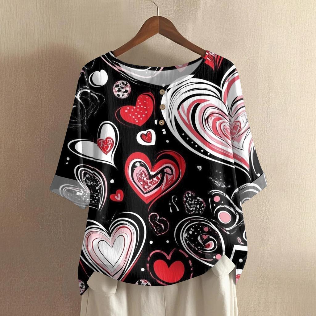 Damska casualowa i wygodna bawełniano-lniana bluzka z okrągłym dekoltem, średniej długości, z modnym nadrukiem