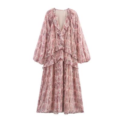 Temperament Layered Dekorative Bedrucktes Lockeres Langarm V-Ausschnitt Kleid Sommer Neuankunft Damenbekleidung