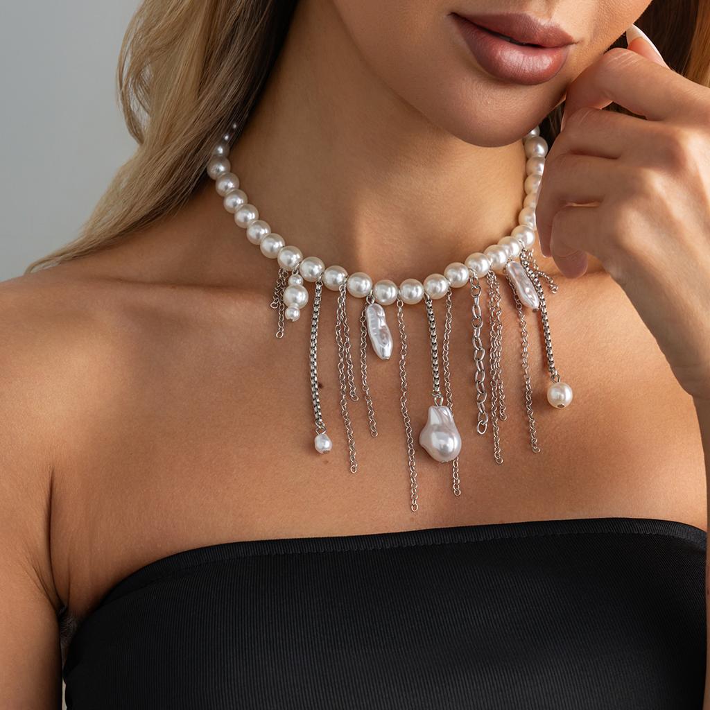 Ingemark Elegant Trendy Imitation Pearls Choker Necklace Women Vintage Silver Color Tassel Pendant Chain Wed Bridal Jewelry Gift