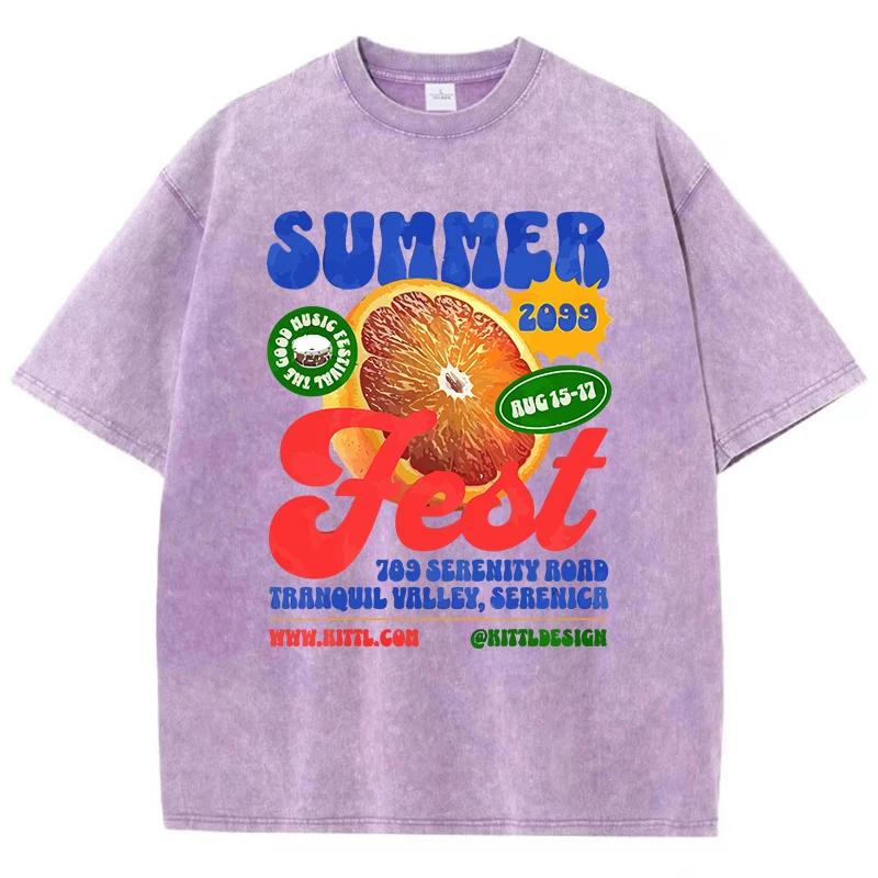 Cotton Women Washed T-Shirts Summer Fresh Orange Printed Tee Shirts Comfortable Crewneck Oversized Tops Casual Female Clothes S разноцветный