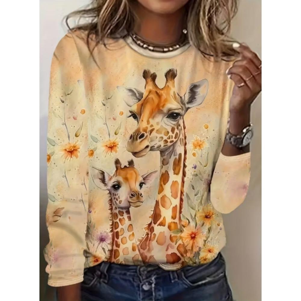 Ladies' Elegant Floral Printed T-shirt - Comfortable Round Neck Long Sleeve Top