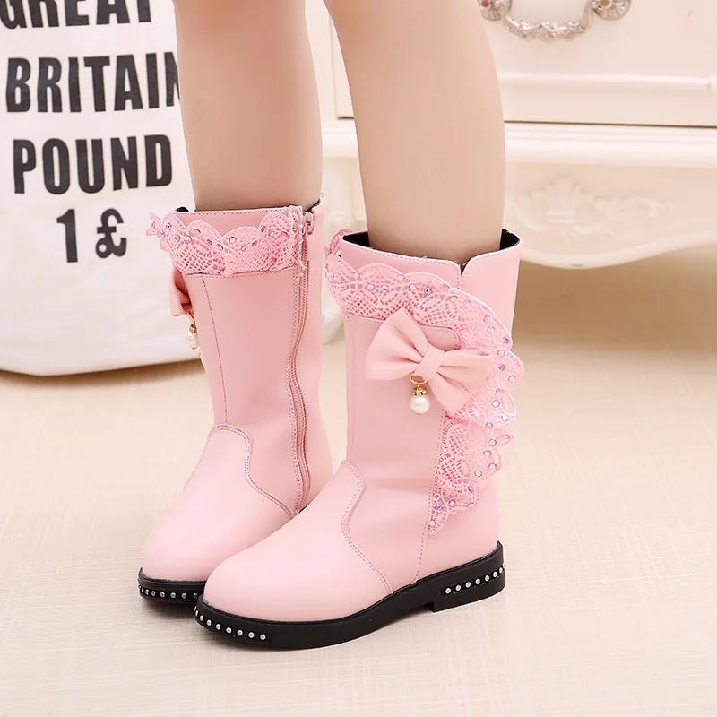 Baby Girls Comfortable Casual Plus Velvet Bow Beaded Lace Warm ZIP Autumn/winter Round Head Daily Kids Mid-calf Children's Boots
