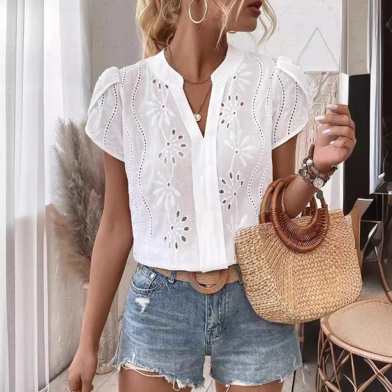 Hollow Out Lace White Blouse Women Fashion Elegant V Neck Loose Sweet Shirts Ladies Casual Office Petal Short Sleeve Tops Simple Female Clothing