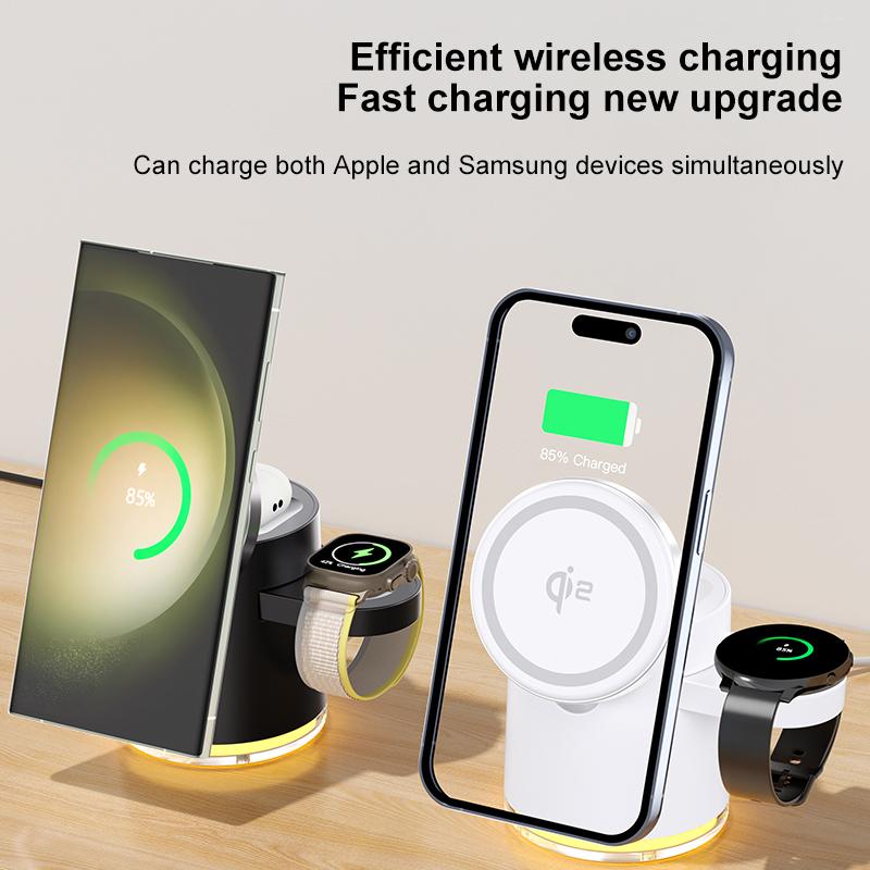 Bedside Night Light Magnet Qi2 Wireless Charger 3in1 Heat Dissipation Charging Station for iPhone & Samsung Galaxy Watch Charger