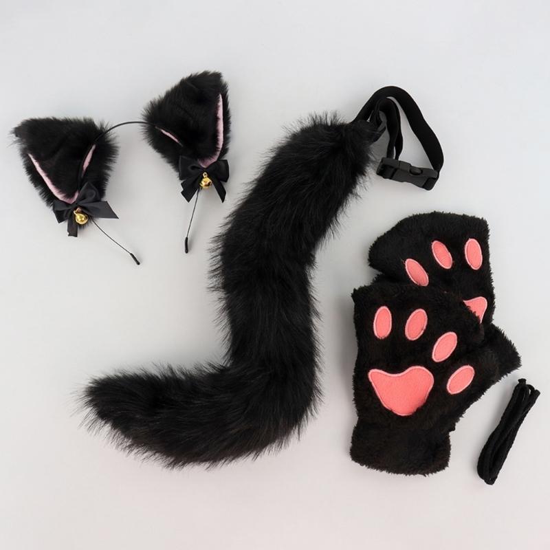 3Pcs Halloween Cats Costume Set for Girl Cosplay, Halloween Cats Costume Accessories with Headband, Tail, Gloves