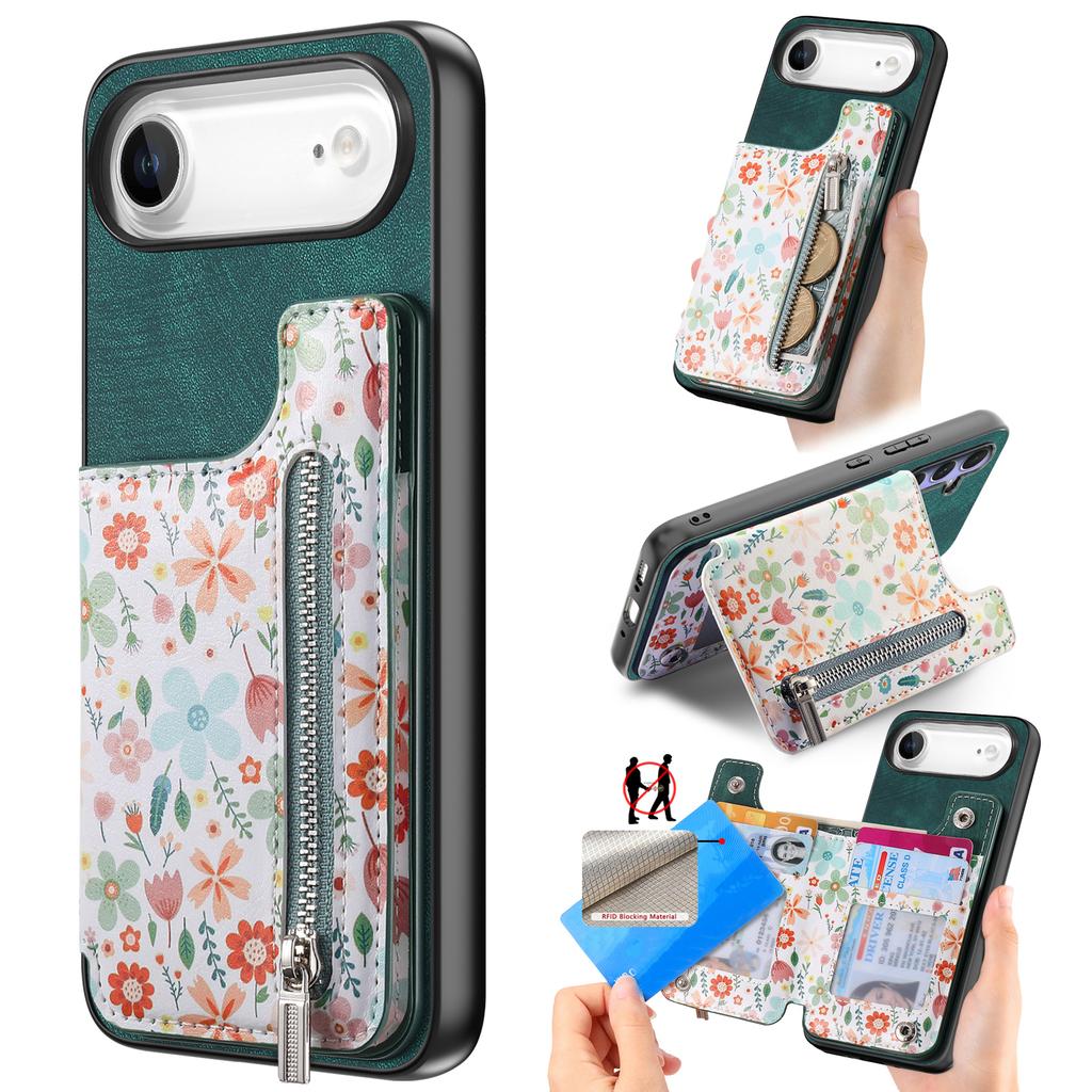 For iPhone Air Leather Phone Cover with RFID Blocking Zipper Card Bag Kickstand