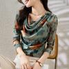 Women's Abstract Watercolor Print Mesh Top Cowl Neck Long Sleeves Slim Fit Casual Blouse