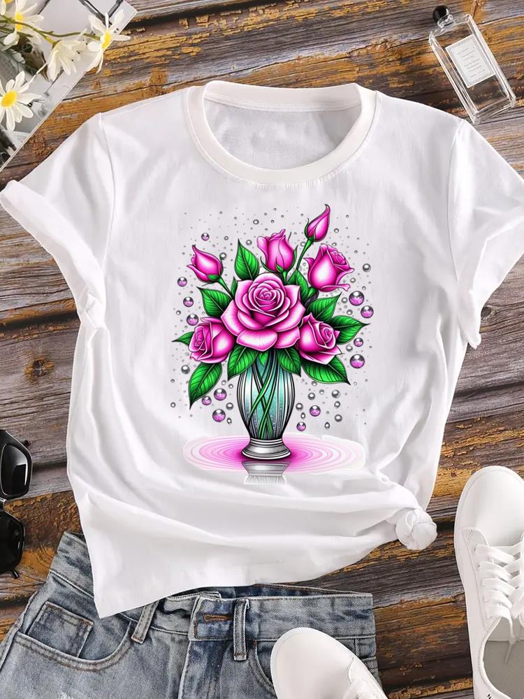 (Asian Size)  Tee Women love heart plant trend cute Clothing Casual Top Short Sleeve T Shirt Fashion Print Lady Female Graphic T-shirts