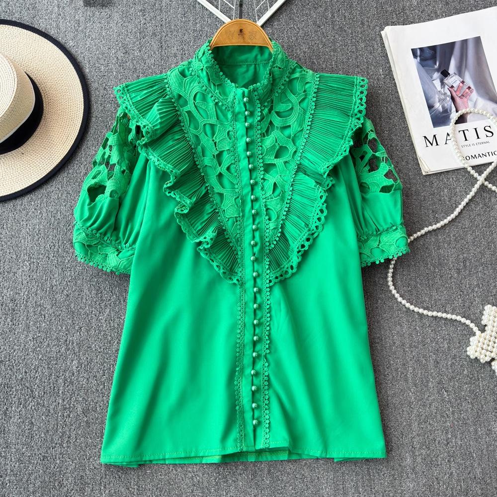 Women's Stand-up Collar Spring Embroidery Shirt Hollow Ruffled Lace Shirt Short-sleeved Solid Colour Ageing Splicing Shirt