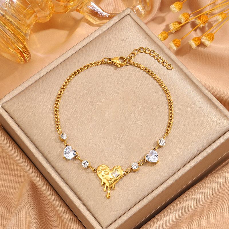 Titanium Steel Necklace, Bracelet, Earrings, Ring, Luxury-style Set with Sparkling Diamonds, Heart-shaped Design