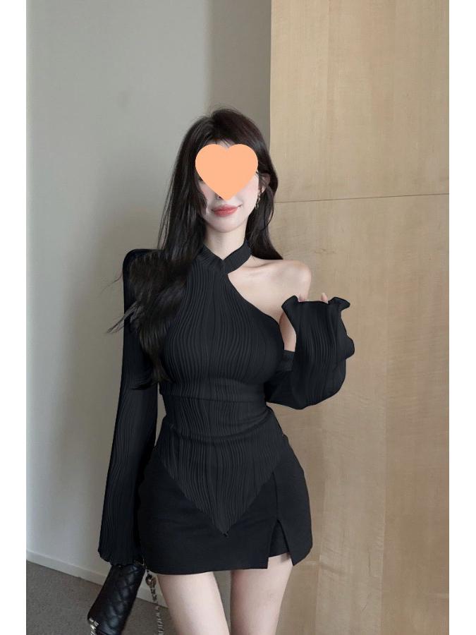 Autumn/Winter Spicy Off-Shoulder Halter Long Sleeve T-shirt for Women