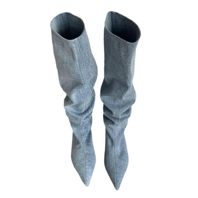 Fashion Women's Pleated Knee High Pointed Toe Chelsea Boots Ankle Boots for Women  Autumn Retro Low Heels Cowboy Boots Bota Feminina