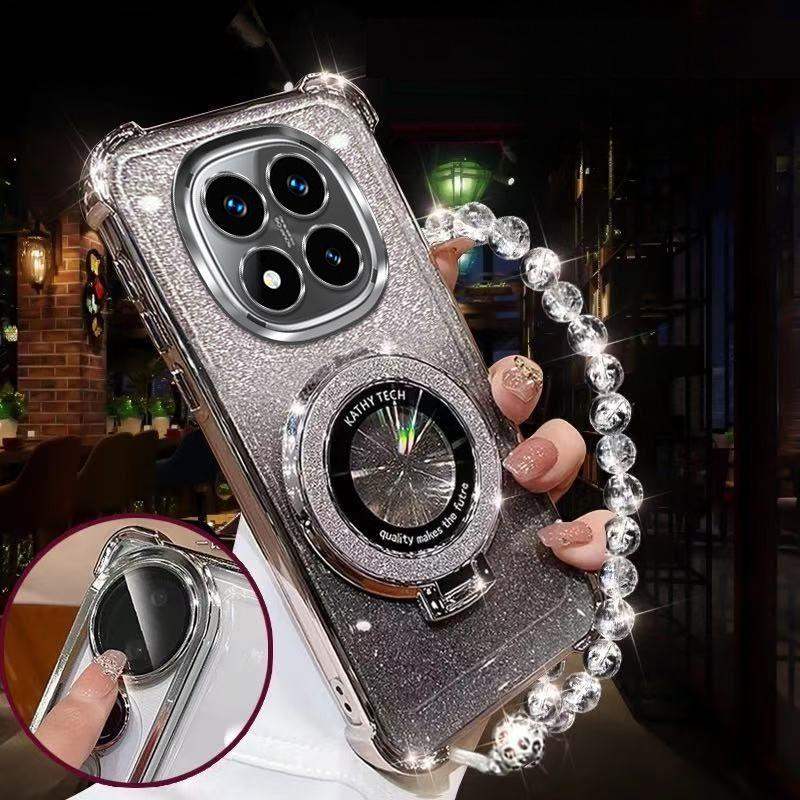 Glitter Magnetic Holder Bracket Case For Xiaomi Redmi Note 14 15 Pro Plus 15 15C 14C 14S 4G 5G Crystal Bracelet Silicone Cover