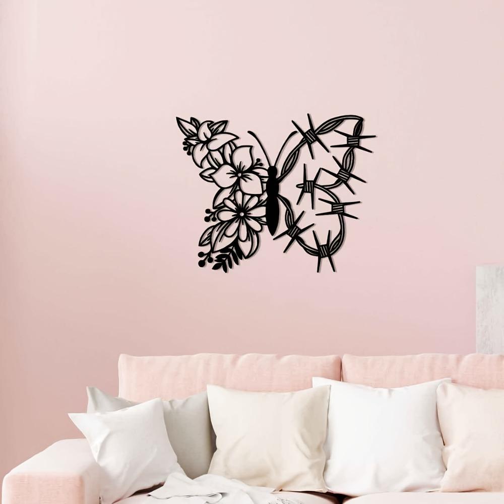 1pc Metal Butterfly Flower Wall Art, Indoor Outdoor Home Decor for Farmhouse Living Room Bedroom Porch Fence Garden Courtyard