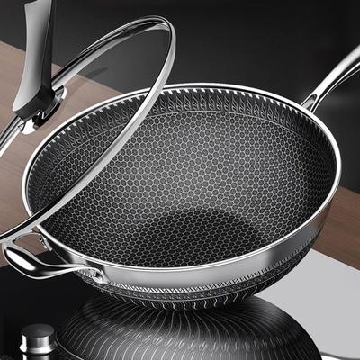 Wok Pan Stainless Steel Stir-fry Wok with Lid 13" Non Stick Skillet with Stay-cool Handle PFOA Free Suitable
