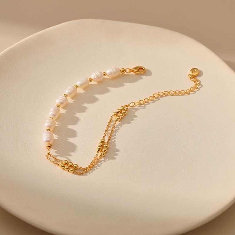 Double Layer Natural Freshwater Pearl Handmade Copper Chain Bracelet For Women