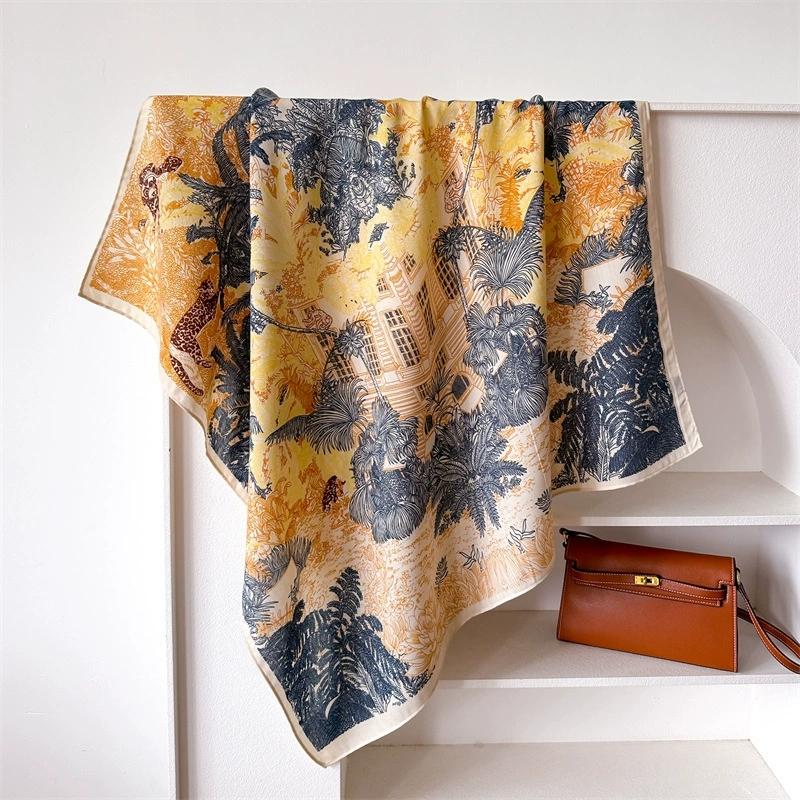 

90x90cm Vintage Floral Print Square Scarf For Women Small Shawl Imitation Silk Female Square Head Scarves 90X90CM