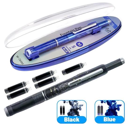 Retractable Fountain Pen Fine Nib Set 0.38mm Black/Blue Ink Transparent Barrel Pen with 5 Refillable Ink Cartridges for Sketching
