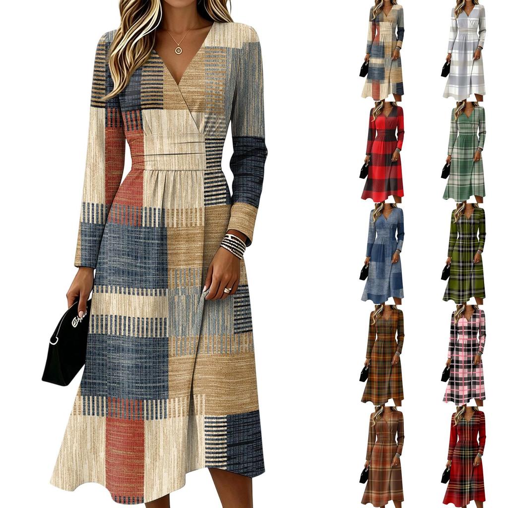 Women's Plaid Print Casual Long Sleeve V-Neck Dress with Pockets for Everyday Wear