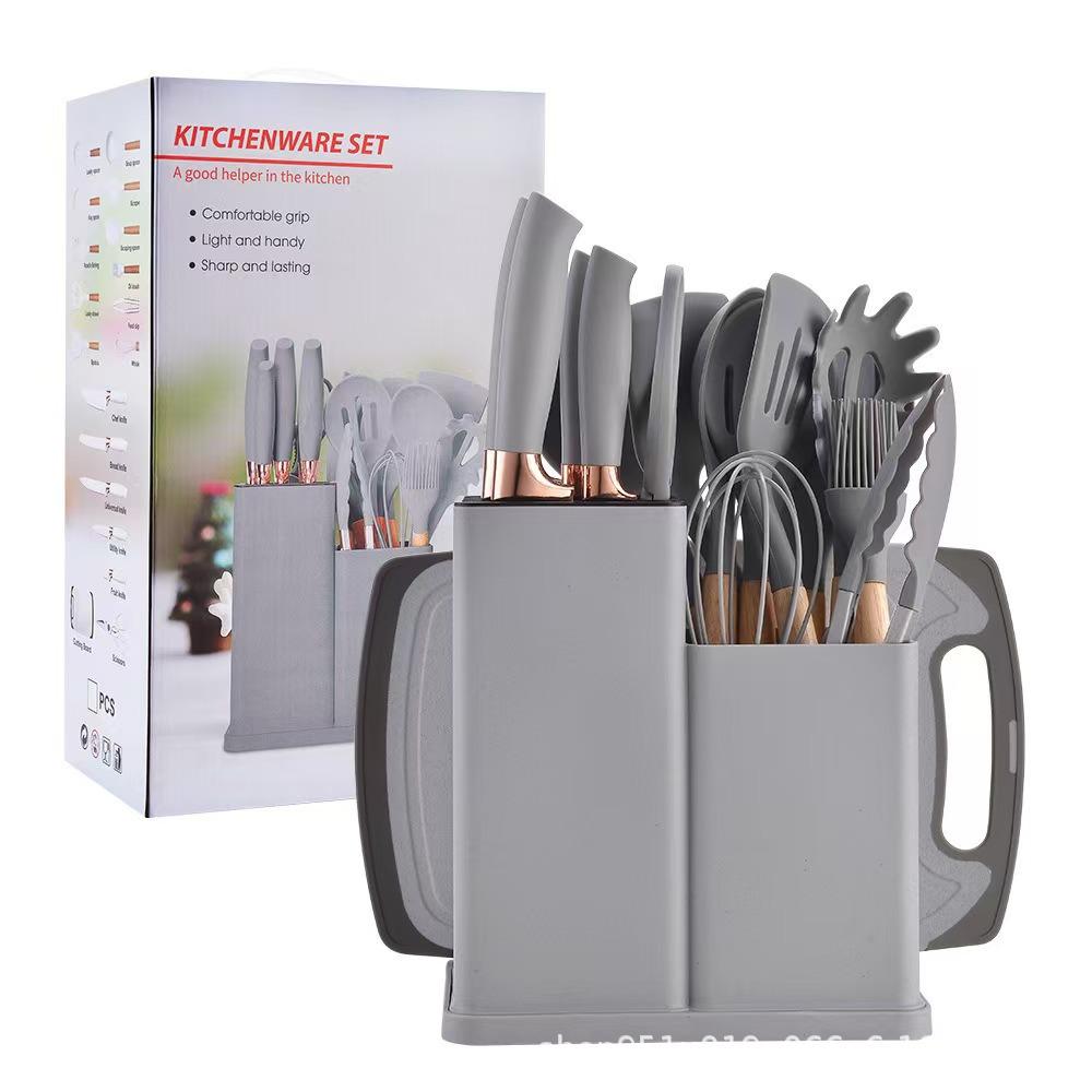 

19-Piece Kitchen Utensil Set: Wooden Handle Silicone Spatulas and Spoons with Storage Bucket Thick Version (~1950g)