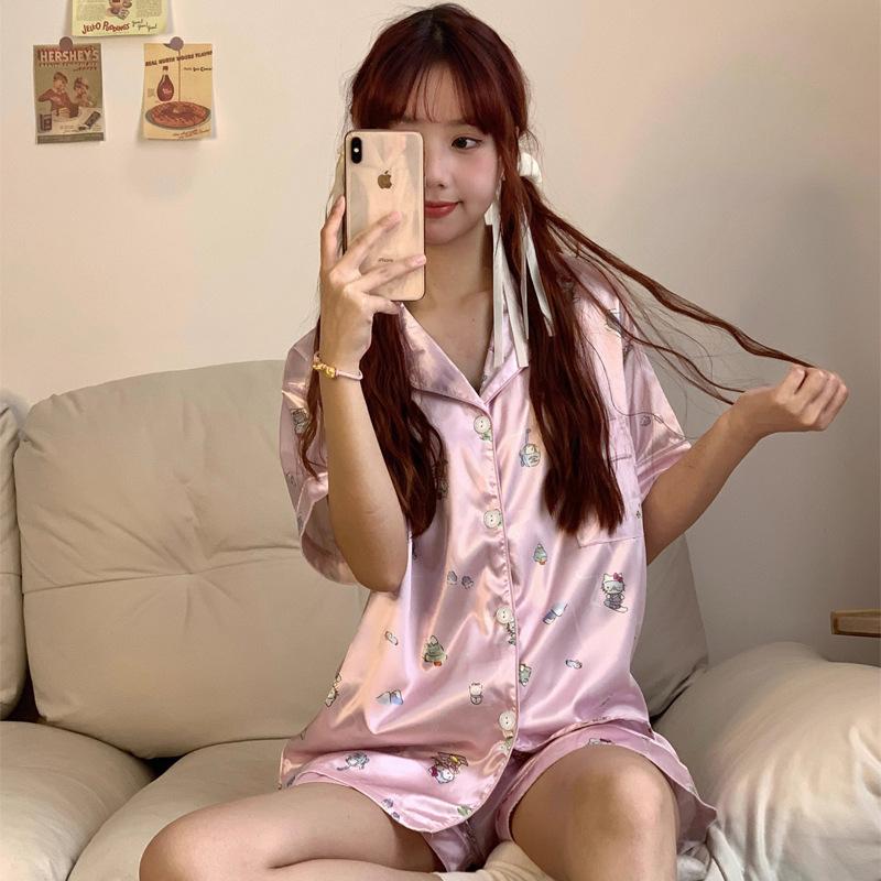 Japanese Style Home Pajamas Lapel Cartoon Short-Sleeved Shorts Ice Silk Thin Loungewear Set