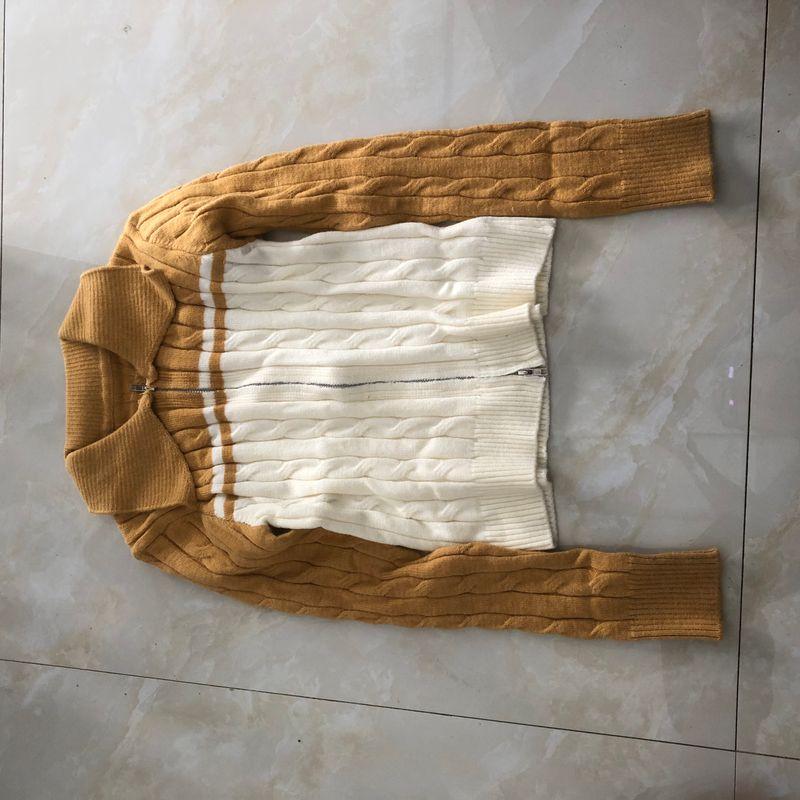 

Color Matching Cardigan sweater Autumn New Foreign Trade Women clothes Fashion Slim fit Lapel Zip-up Long sleeve Twist 32210 Turmeric and Rice White B-19-28-4 M
