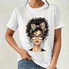 European Size Women's Casual Printed T-Shirt with Fashionable Design of Curly Hair and Leopard Bow, Suitable for Casual Attire In Spring Summer Autumn