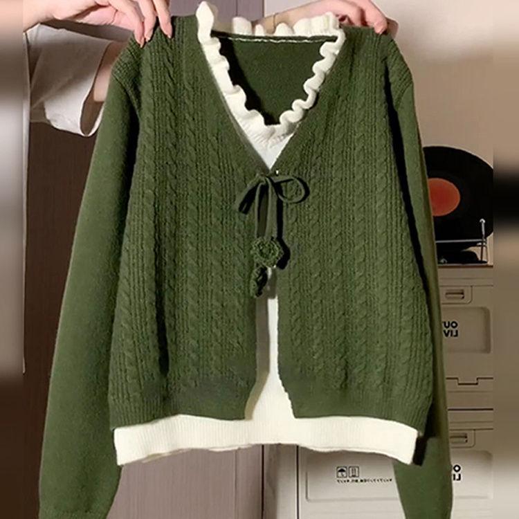 

Женский зеленый вязаный костюм-двойка в клетку - Прямое платье-свитер в корейском стиле для осени/зимы L [50-55 kg]