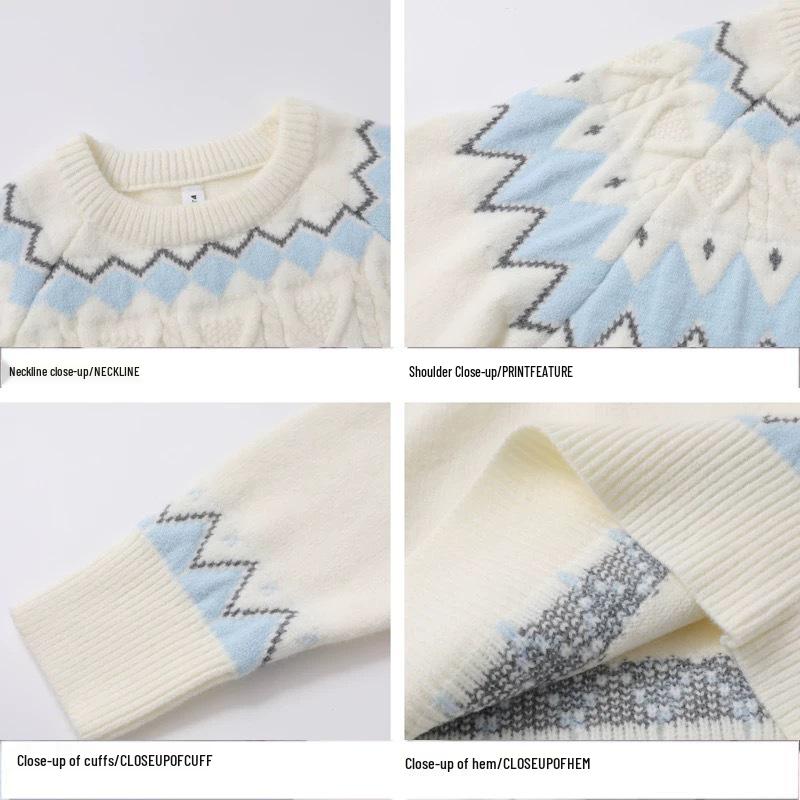 White Fair Isle Retro Women's Pullover - Autumn/Winter Korean Style, Soft Round Neck Loose Knit Sweater