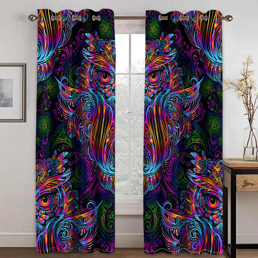 3D Ebony & Ivory Dreamcatcher Owl Drapes Colorful Owl Texture Drapes 2 Panels Livingroom Space Bedchamber Kids Space Windowpane Decoration