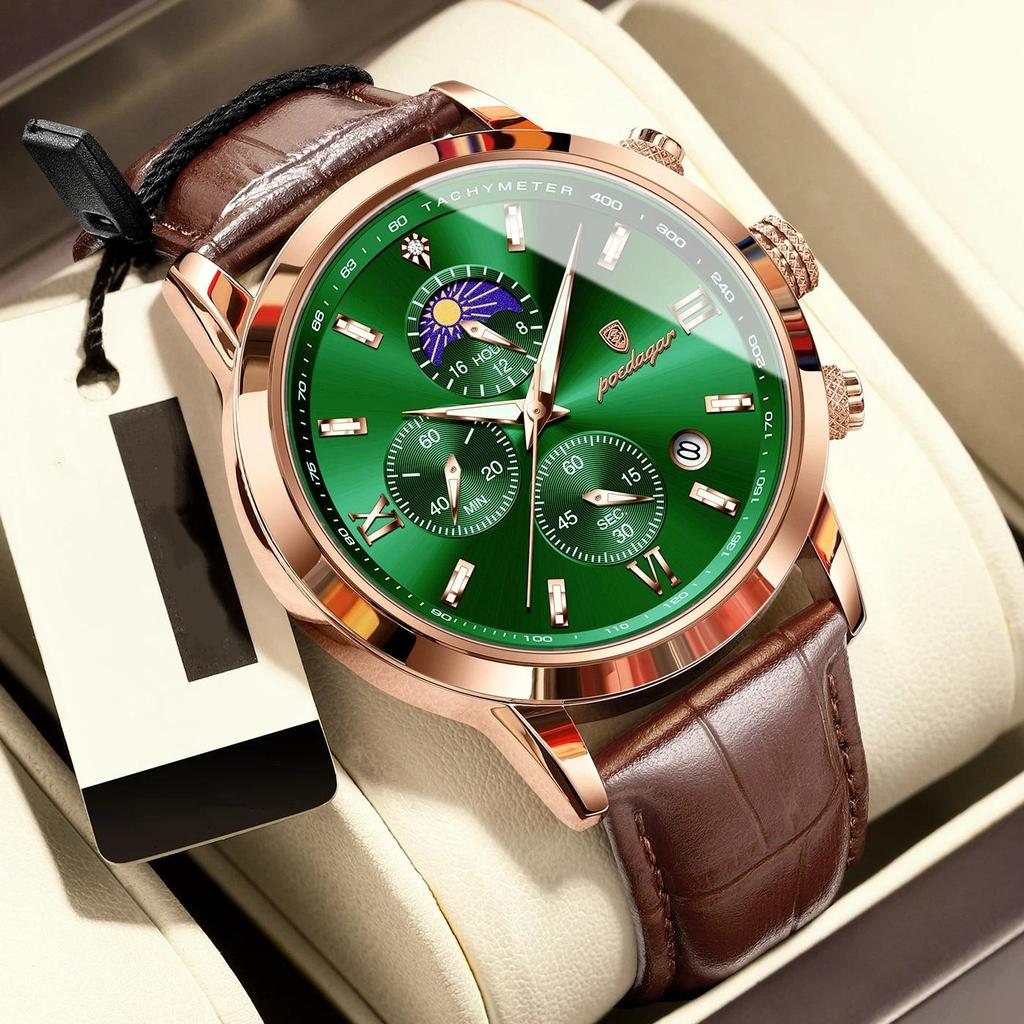 POEDAGAR Original Business Men's Wristwatch Chronograph Date Luminous Waterproof Man Watch Leather Luxury Quartz Watches For Men