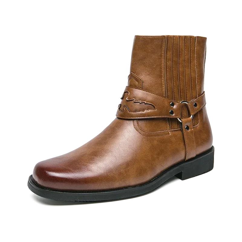 Men's Leather Buckle Chelsea Boots Men's Boots Black Western Cowboy Boot Zipper Vintage Brown Motorcycle Leather Boots