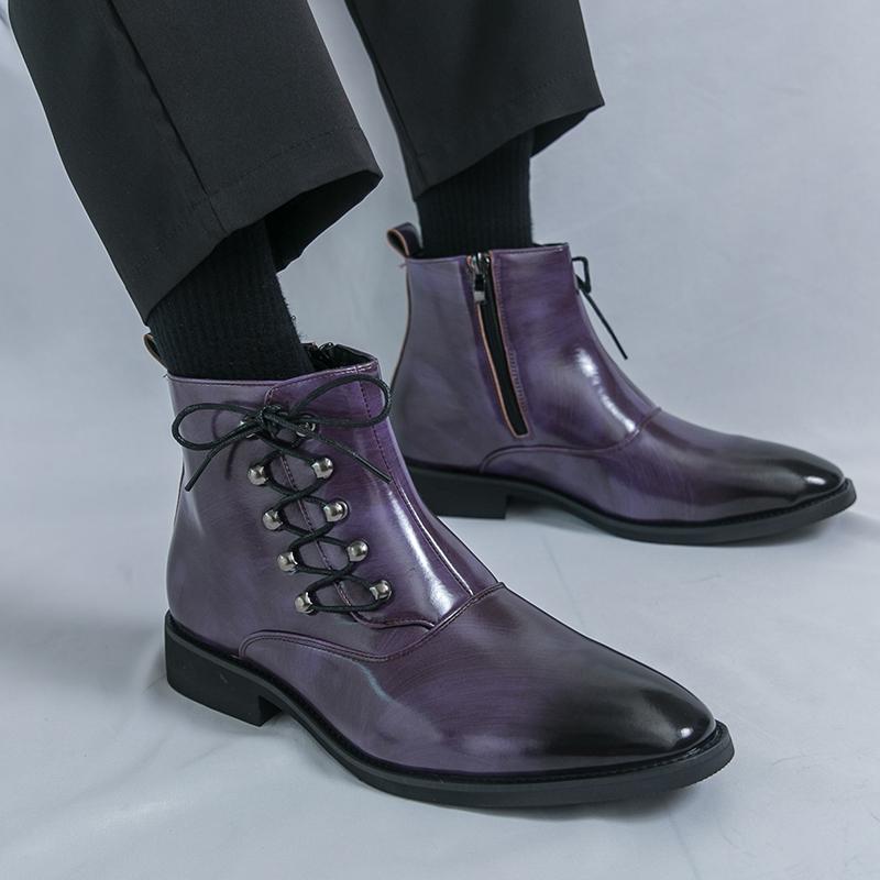Men’s High Top Black Leather Boots Dress Formal Business Retro Brown Ankle Boots Tuxedo Purple Wedding Shoes Plus Size