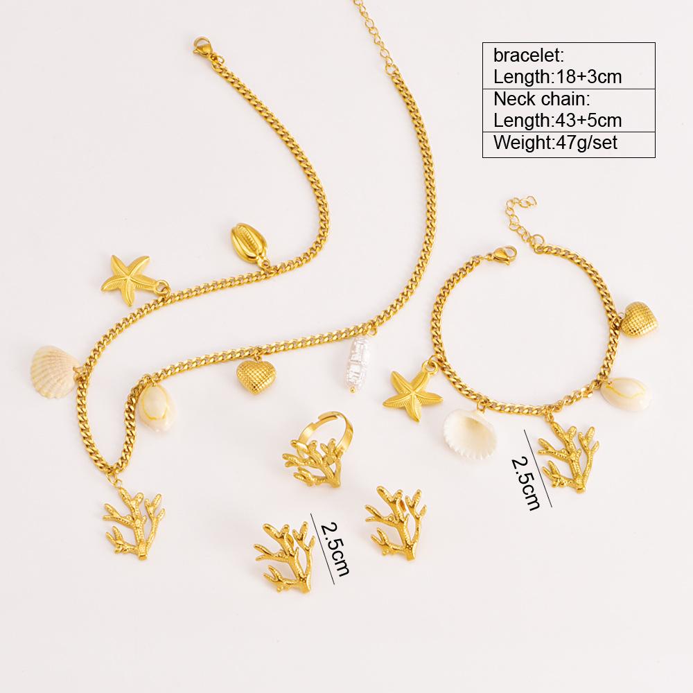 OAHLAN Ocean Series Colorful Scallop Starfish Pearl Sweater Chain 18k Gold Plated Stainless Steel Earrings Bracelet Necklace Set