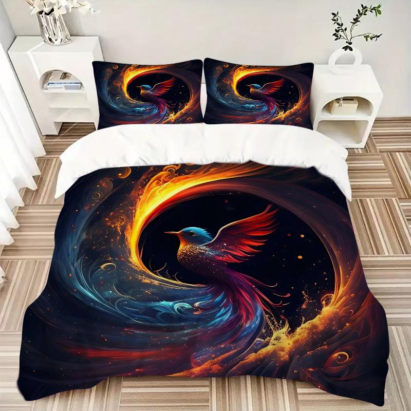 3pcs Phoenix Rising Pattern Bedding Three-Piece Set (1 Cover + 2 Pillowcases, No Fillings), This Printed Bedding Set Is