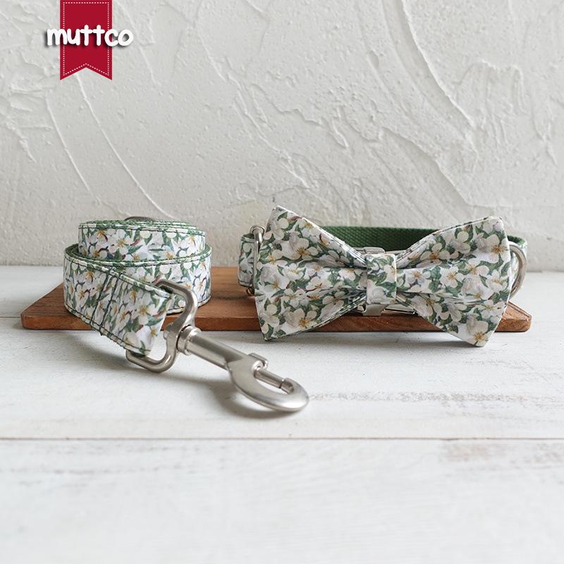 MUTTCO White Jasmine Dog Collar & Leash Set with Bowtie UDC-125 Extra Small