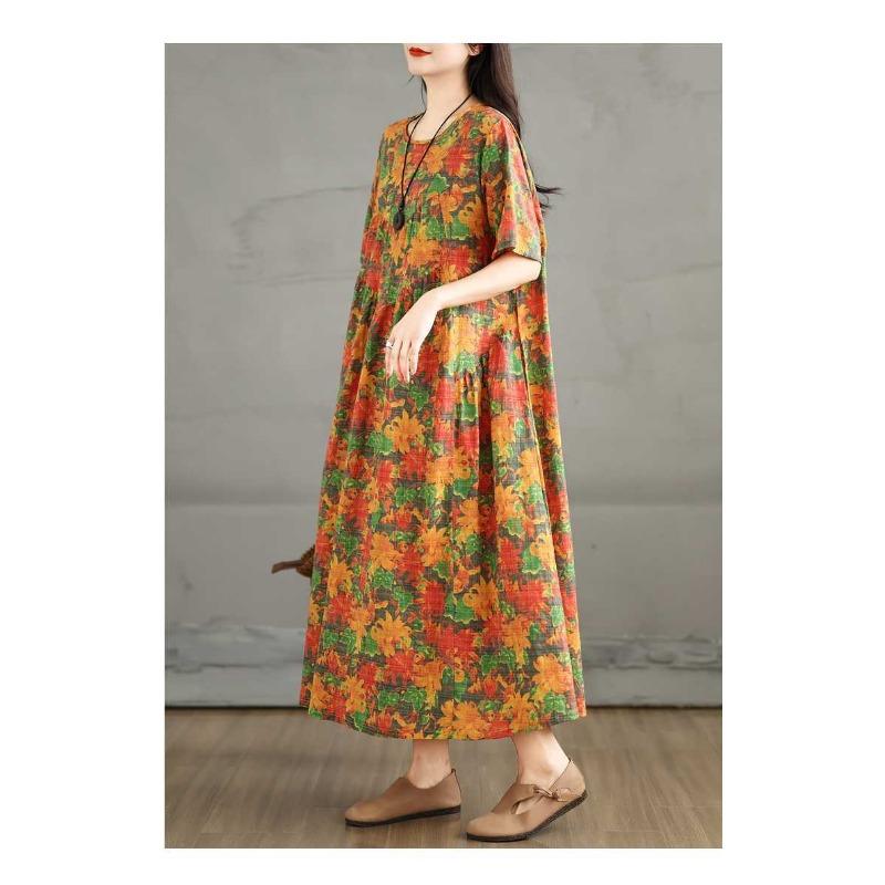 Summer Retro Cotton and Linen Round Neck Short Sleeved Dress, Women's Loose Skirt