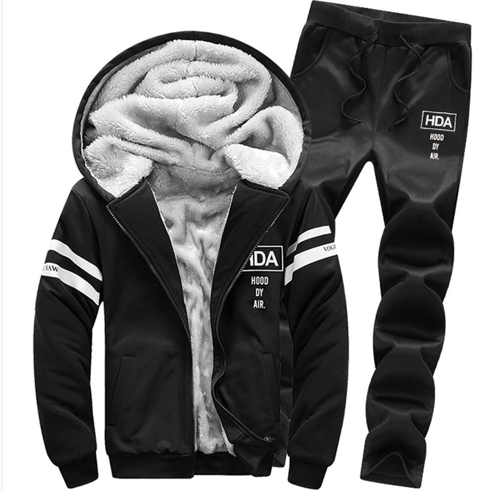 Men's Winter Long Sleeved Zipper Hoodie Thickening Leisure Suit Tops Pants Sets