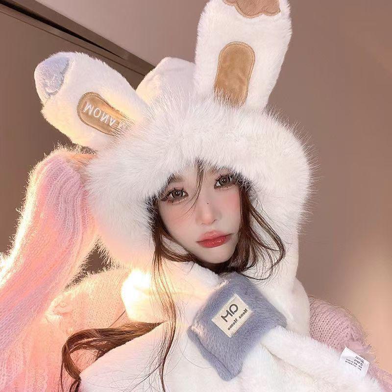 Winter Plush Hat Hooded Scarf Cute Little Fox Hat Scarf Integrated Women's Thickened Warm Versatile Trendy Hat