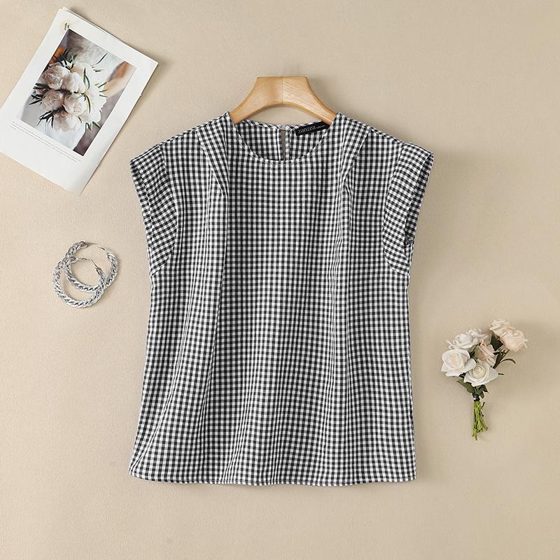 ZANZEA Women Casual Round Neck Sleeveless Plaid Print Blouse M