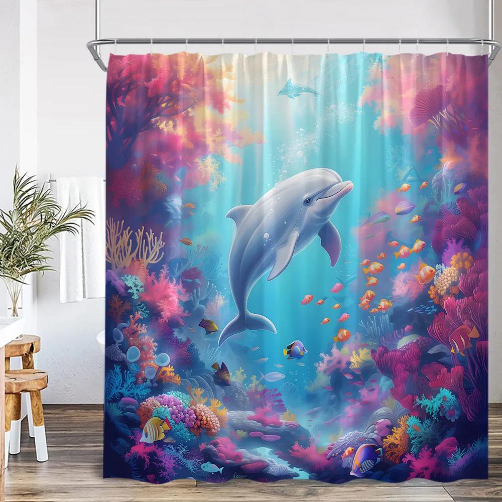 Sea Animals Shower Curtain 3D Dolphin Turtle Octopus Jellyfish Undersea World Bathroom Decoration Kids Polyester Bathtub Curtain