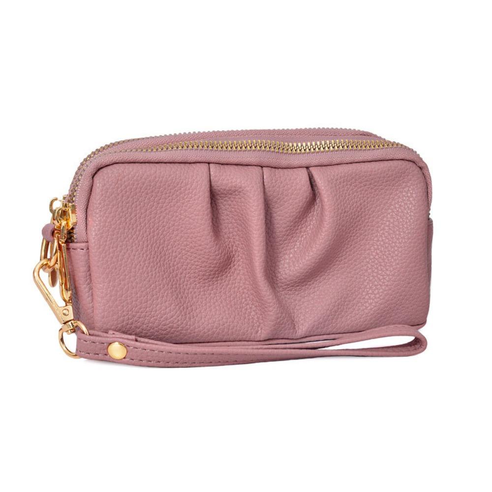 Portable PU Leather Women Long Wallet Double layer Large Capacity Shopping Wrist Bag Zipper Solid Color Handbag